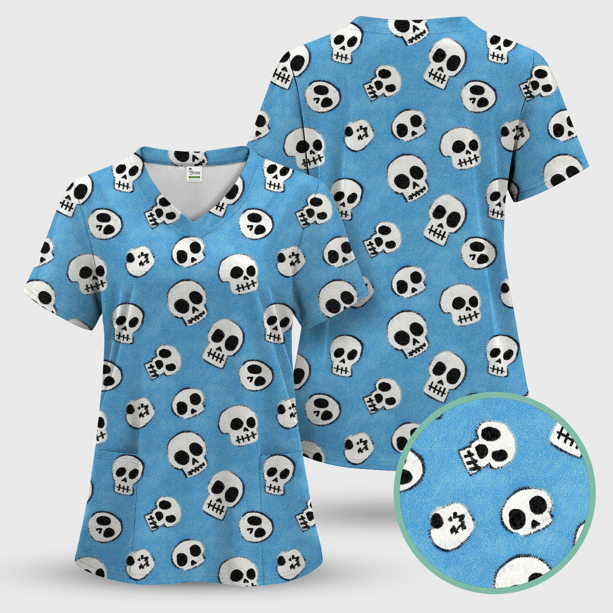 Blue Skull Nurse Scrub Top - Halloween Gift