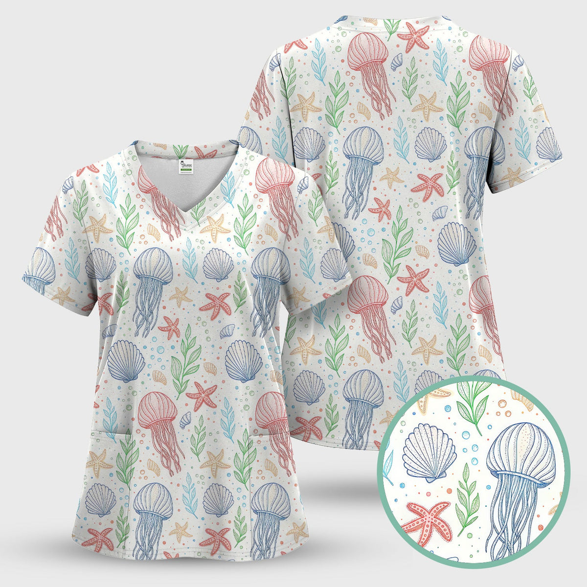 Ocean Jellyfish Starfish Seashell Nurse Scrub Set
