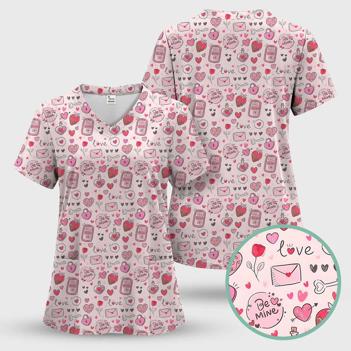 Be Mine Pink Heart Valentine Nurse Scrub Set