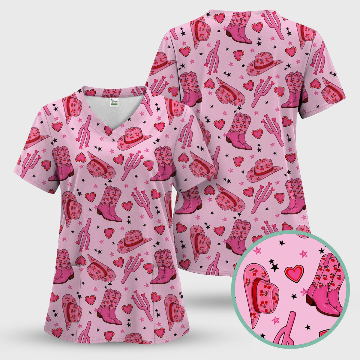 Pink Cowgirl Western Boots Hat Pattern Scrub Set, Scrub Pants and V Neck Top