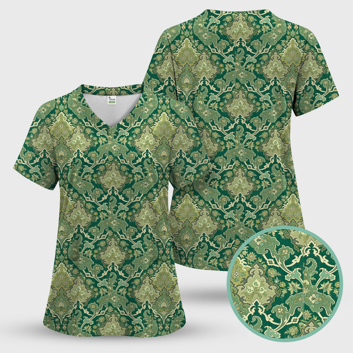 Green Vintage Damask Ornamental Nurse Scrub Set