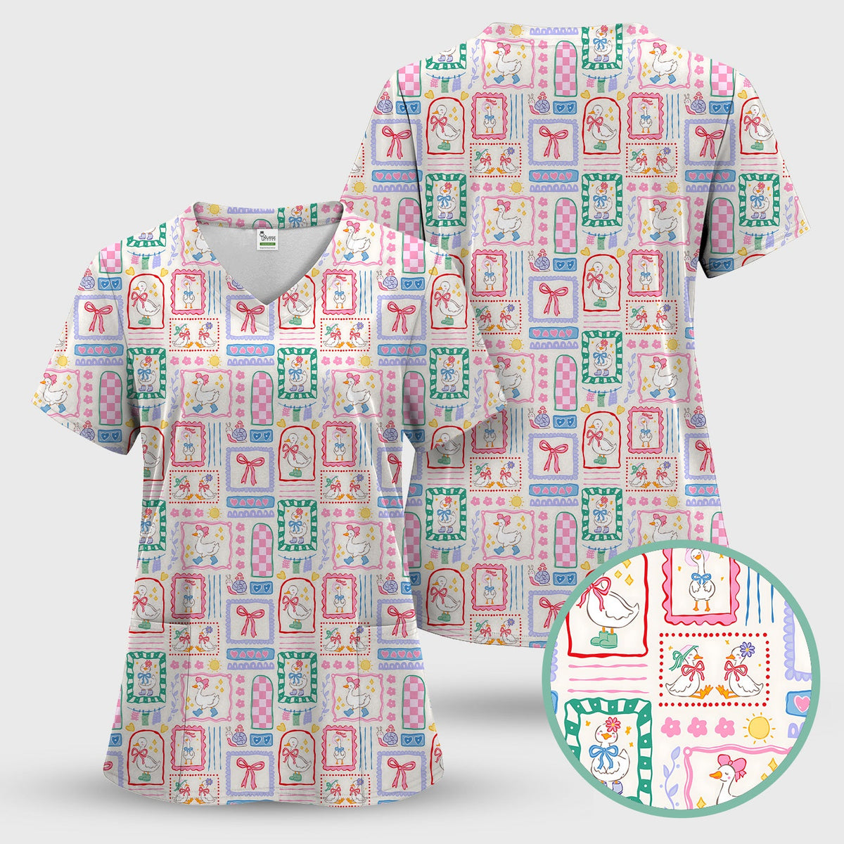 Adorable Goose Ribbon Patchwork Frame Nurse Scrub Set