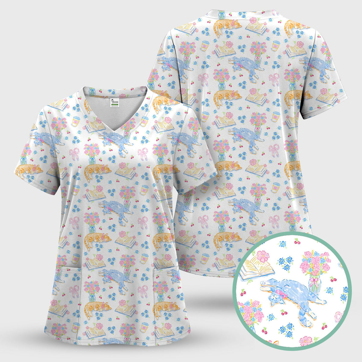 Cats Reading Floral Books Nurse Scrub Set