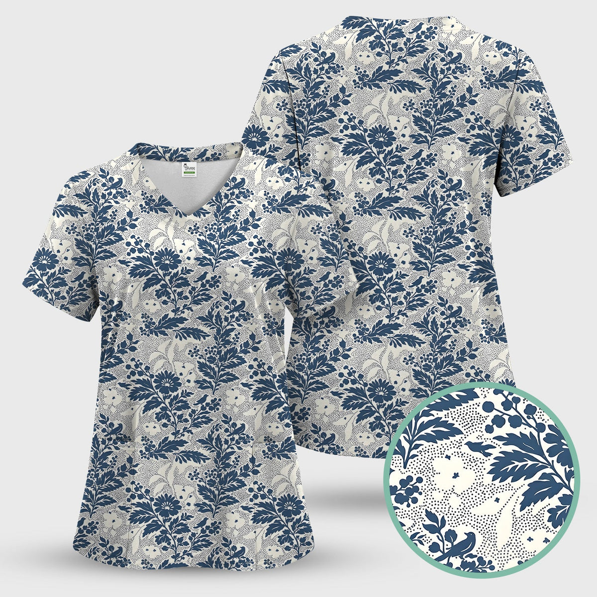 Cute Blue Floral Botanical Nurse Scrub Set