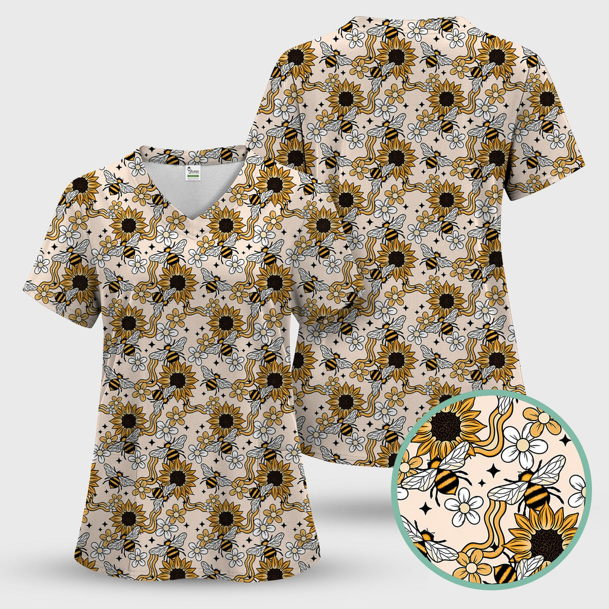 Sunflower Honey Bee Floral Nurse Scrub Set