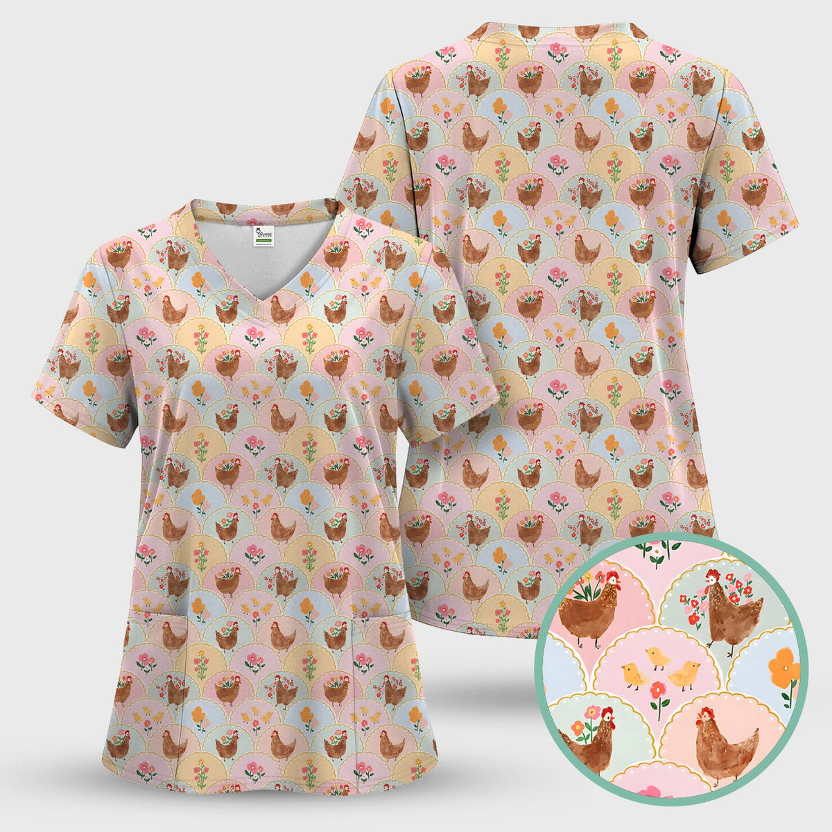 Pastel Chicken Floral Nurse Scrub Set