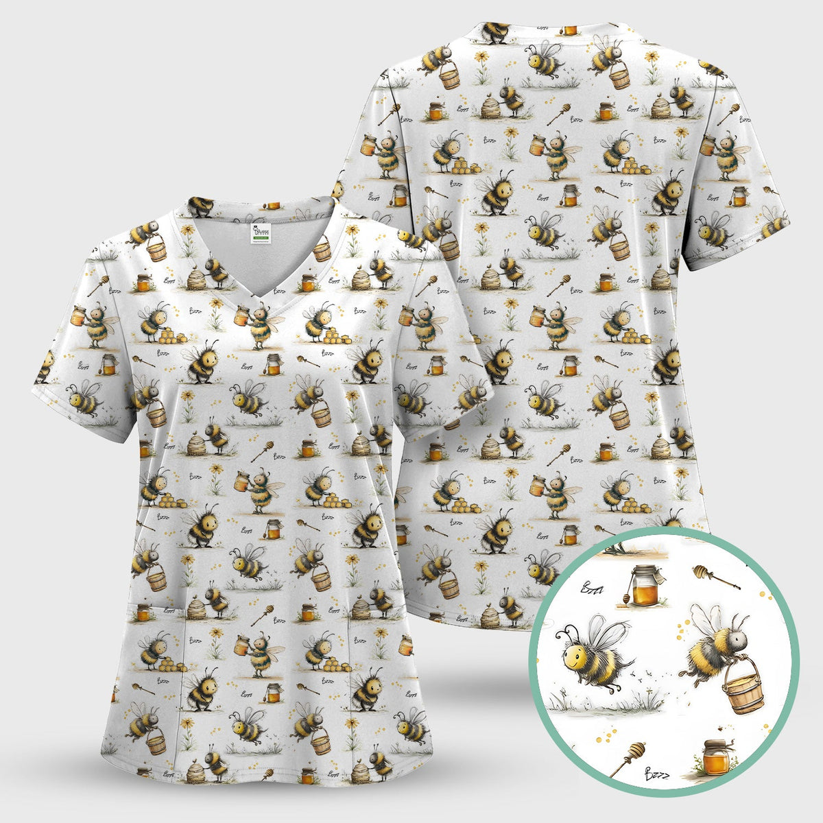 Cute Honey Bee Jar Garden Pattern Scrub Top, Comfortable Scrubs for Nurses