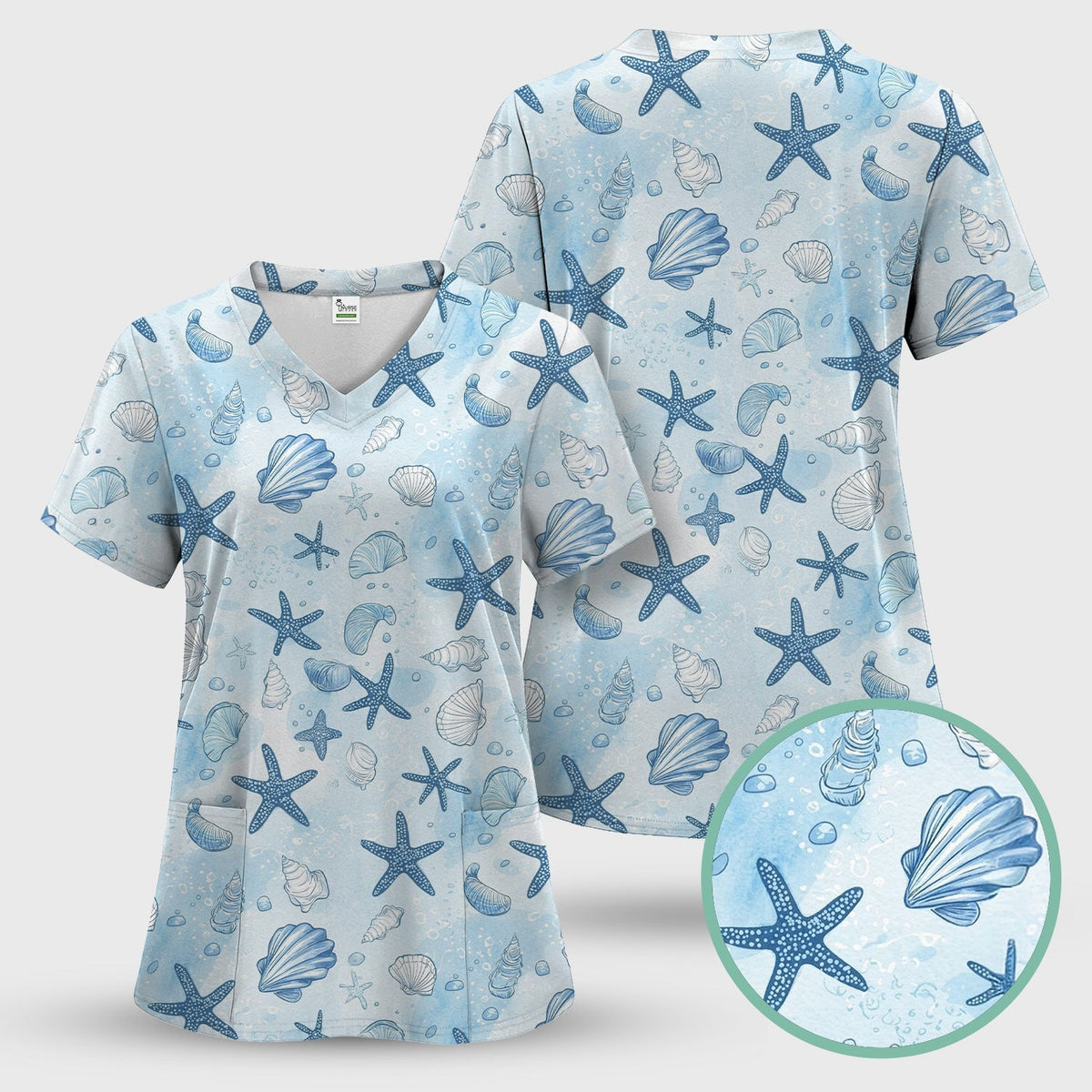 Blue Sea Shells Starfish Nurse Scrub Set