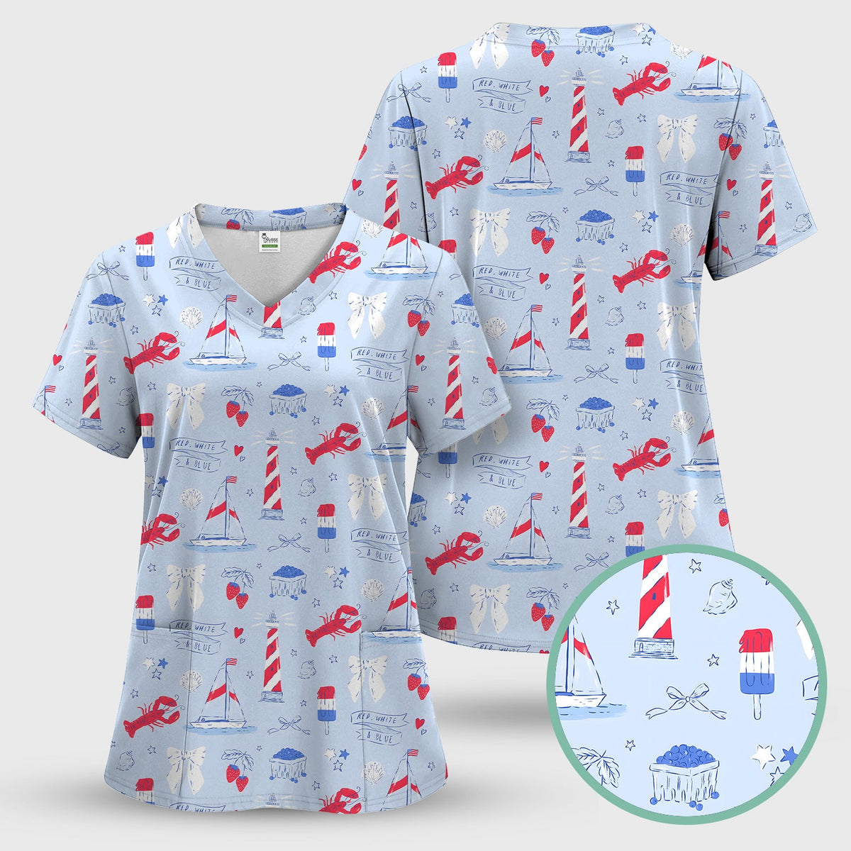 Lobster Lighthouse Sailboat Nurse Scrub Top
