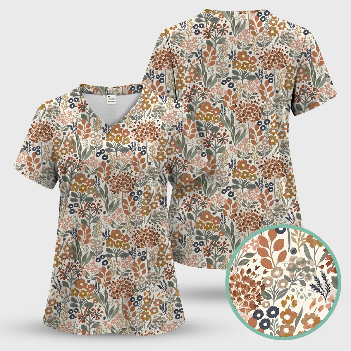 Vintage Botanical Floral Pattern Scrub Top, Breathable Fabrics Nursing Uniform