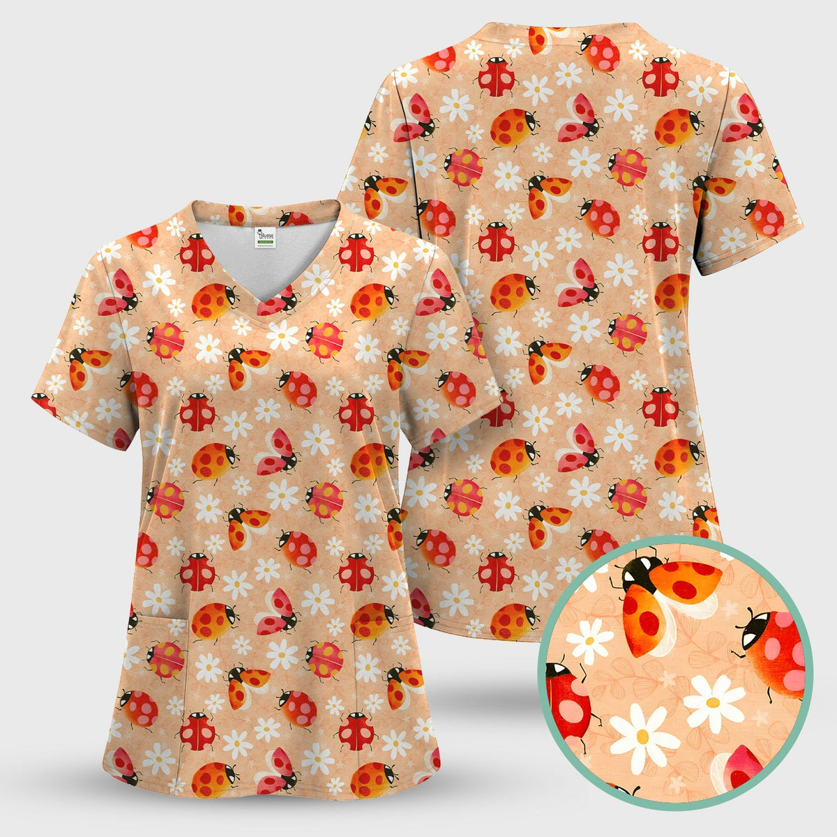 Ladybug Daisy Floral Pattern Scrub Top, Comfortable Scrubs for Nurses