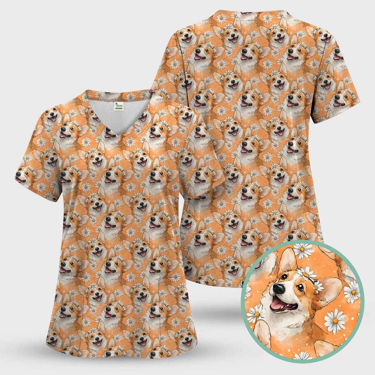 Corgi Daisy Floral Orange Nurse Scrub Set
