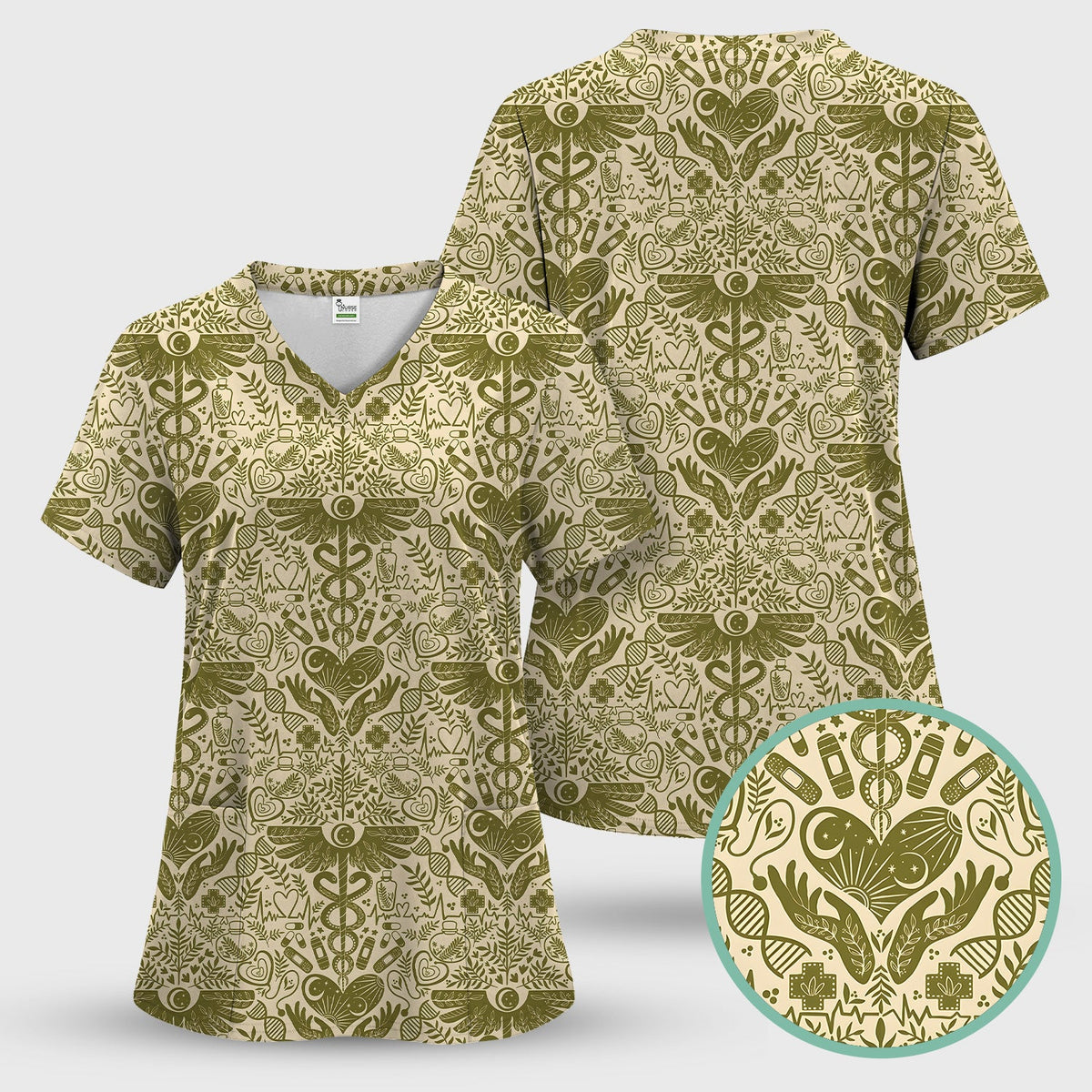 Botanical Caduceus Heart Nurse Scrub Set