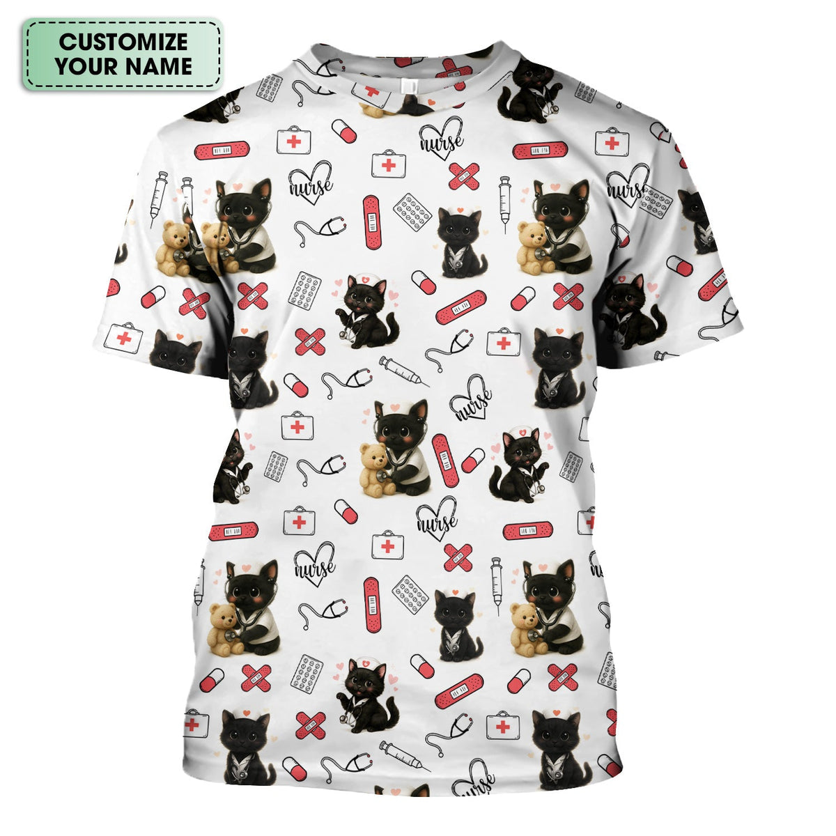 Cute Black Cat Nurse Scrub Top for RN CNA LPN - Funny Kitty Medical Pattern Uniform - Gift for Cat Loving Healthcare Women