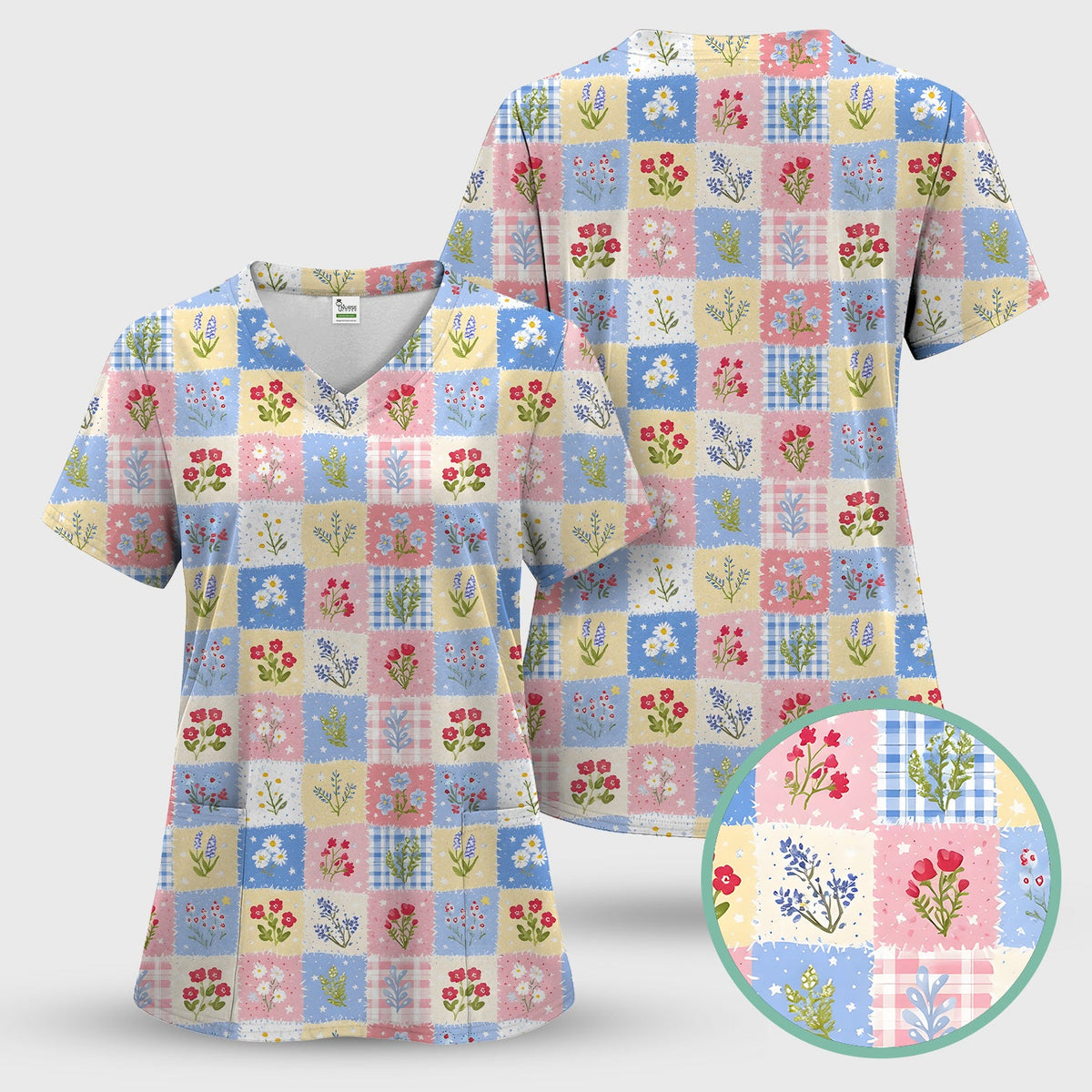 Pastel Patchwork Wildflower Garden Nurse Scrub Top
