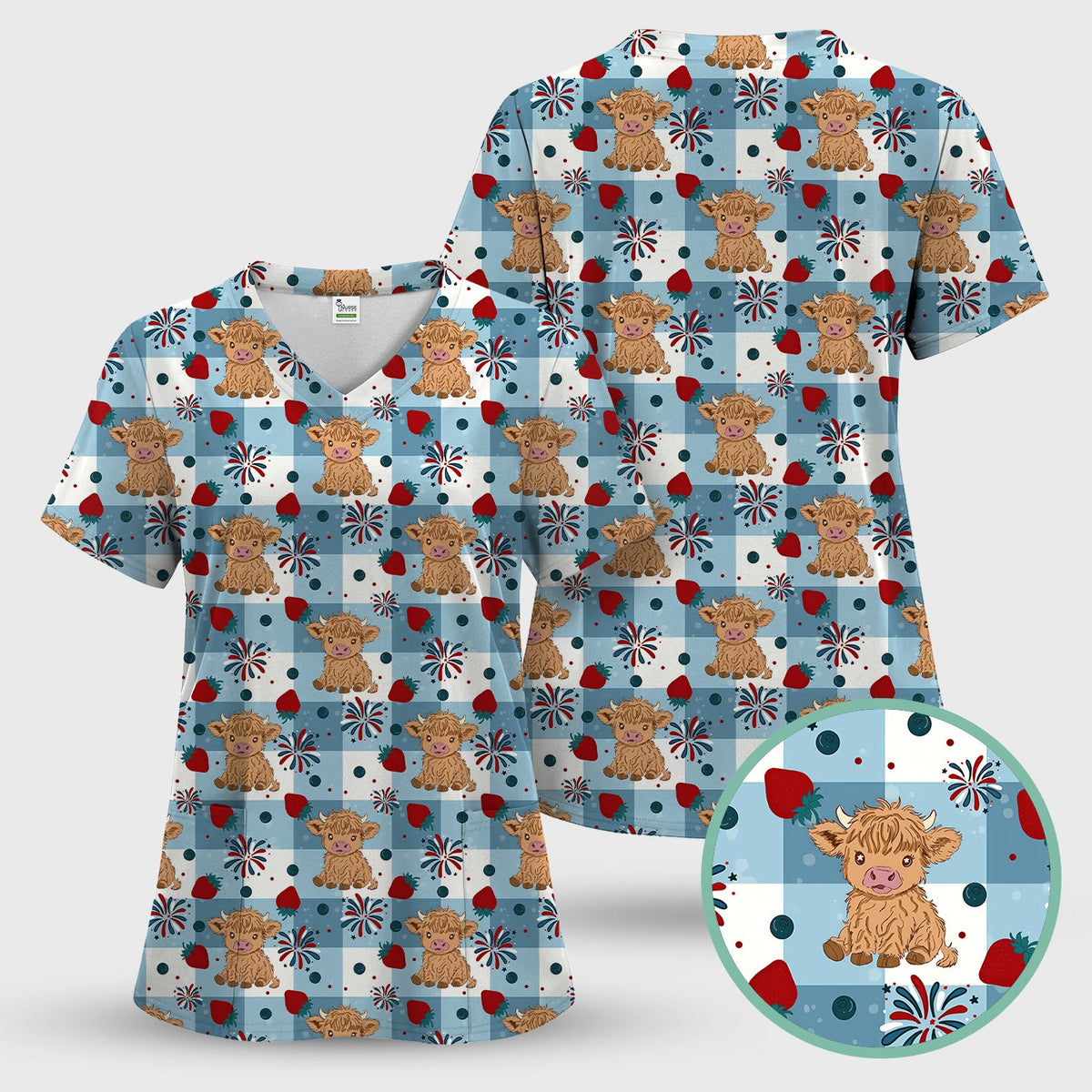 Highland Cow Strawberry Gingham Nurse Scrub Set