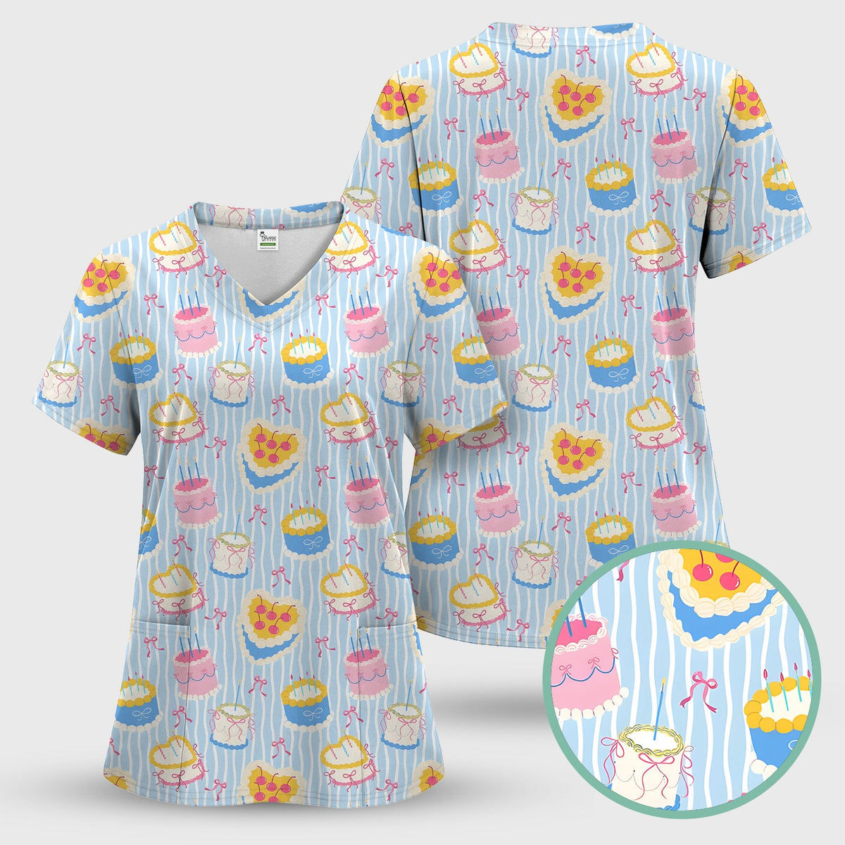 Coquette Cake Bow Stripe Nurse Scrub Top