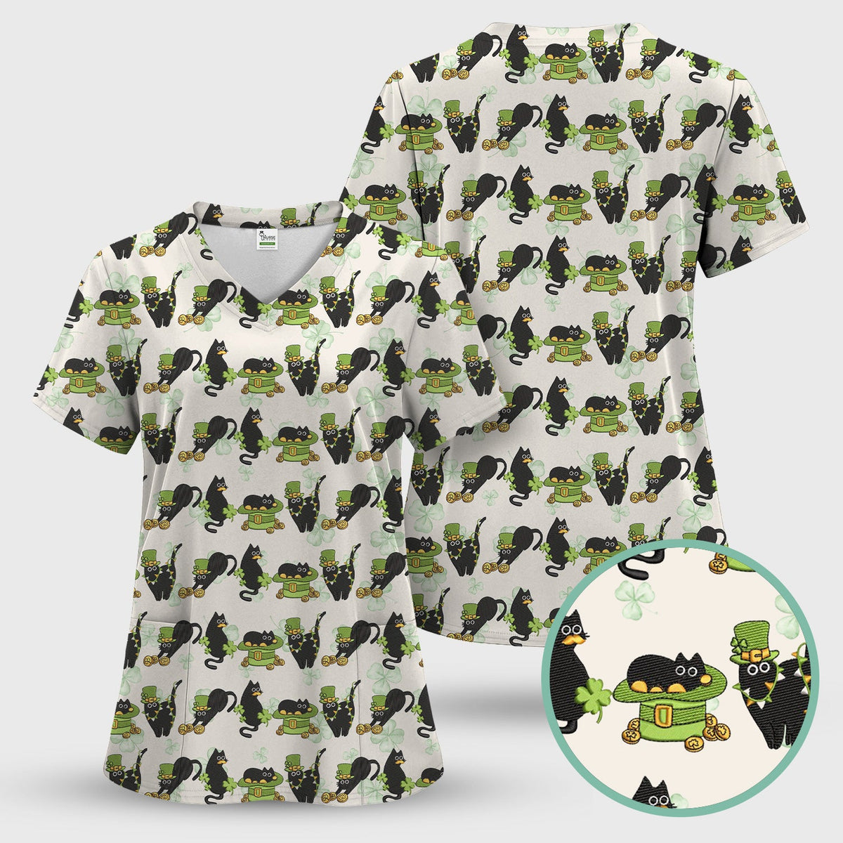 St Patrick Black Cat Clover Nurse Scrub Set