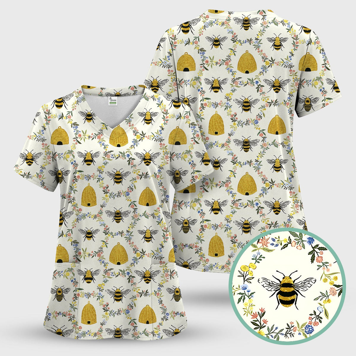Honey Bee Beehive Floral Nurse Scrub Top