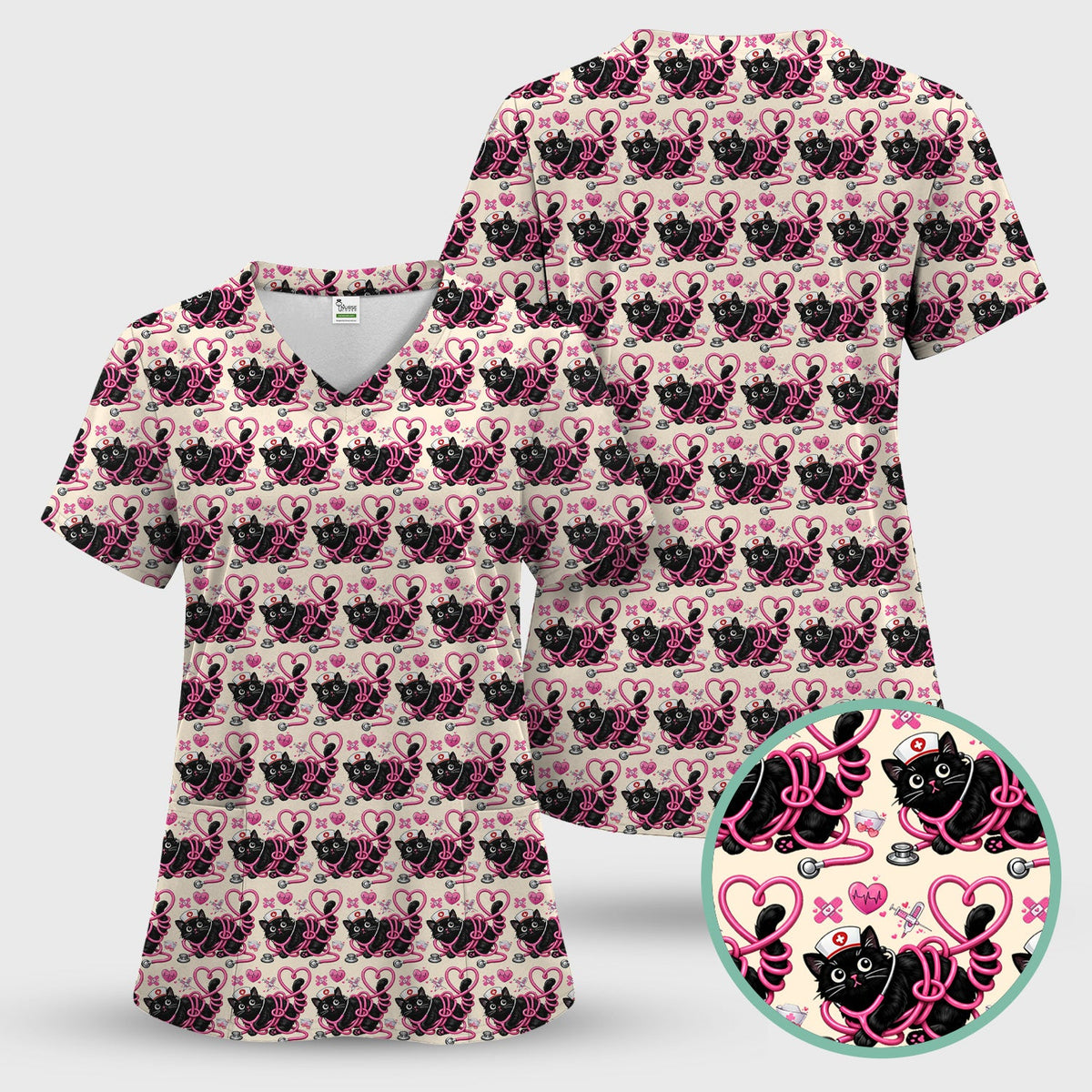 Valentine Cat Nurse Heart Scrub Top