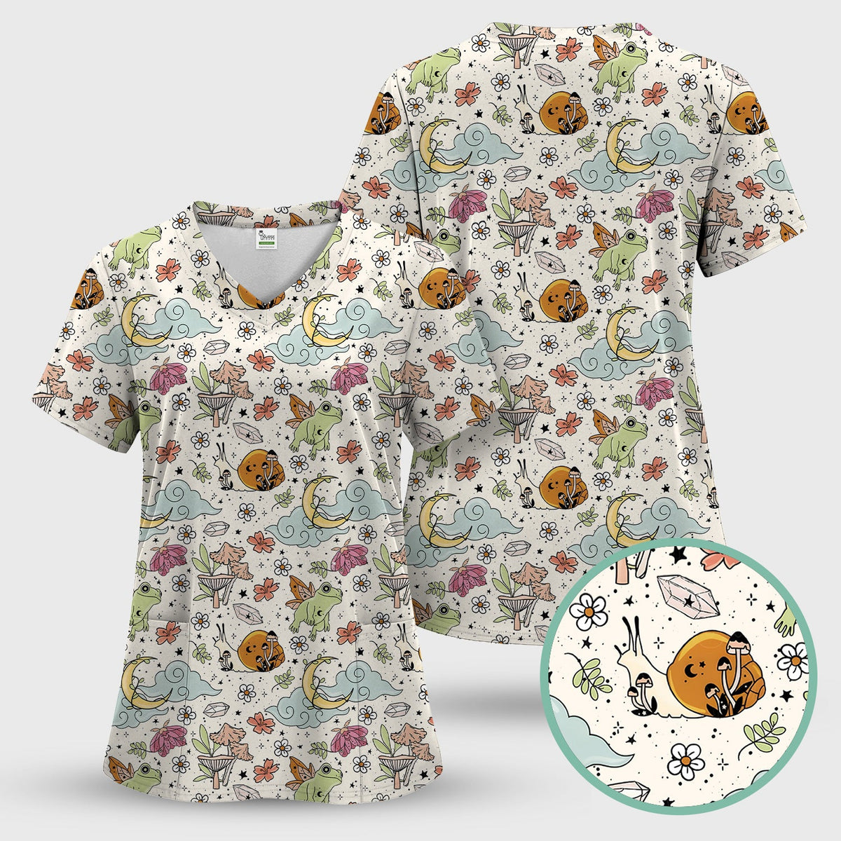 Whimsical Frog Moon Mushroom Nurse Scrub Top
