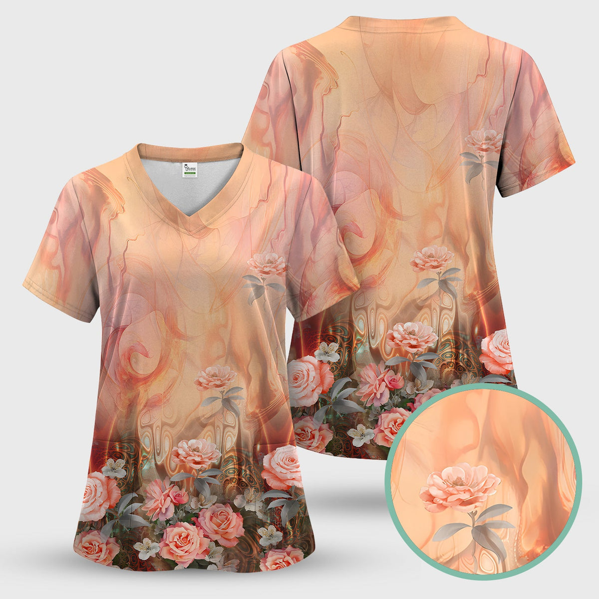 Elegant Peach Marble Rose Nurse Scrub Top