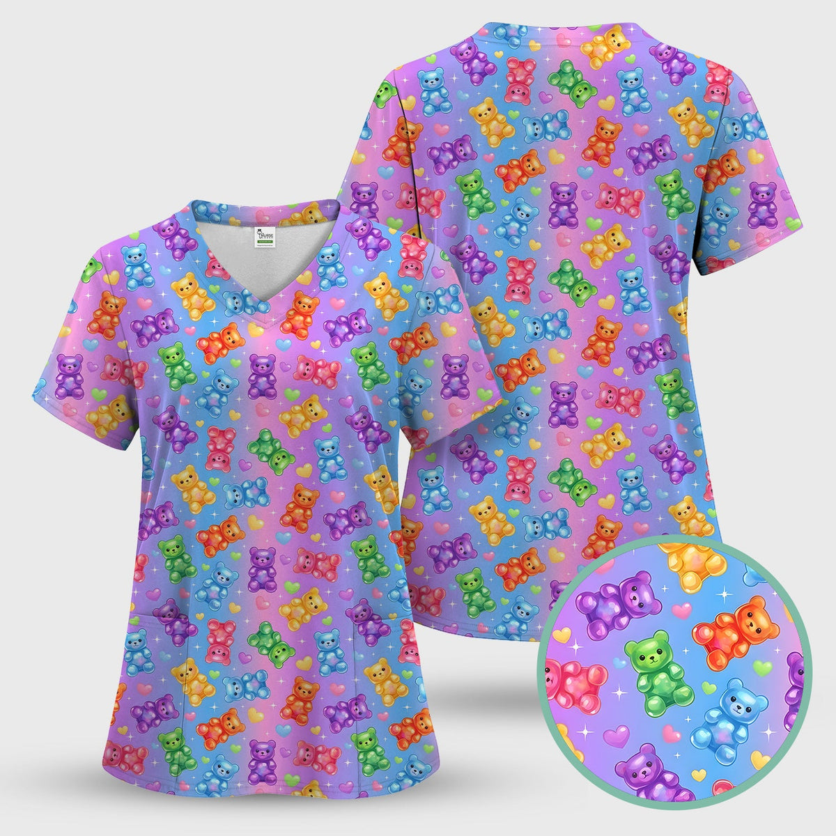 Colorful Gummy Bear Nurse Scrub Top