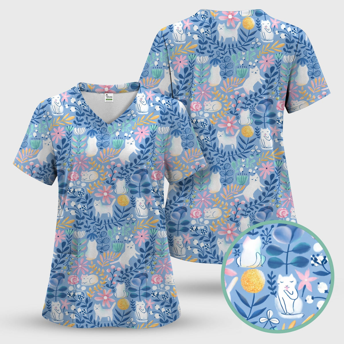 Whimsical Cat Floral Nurse Scrub Top