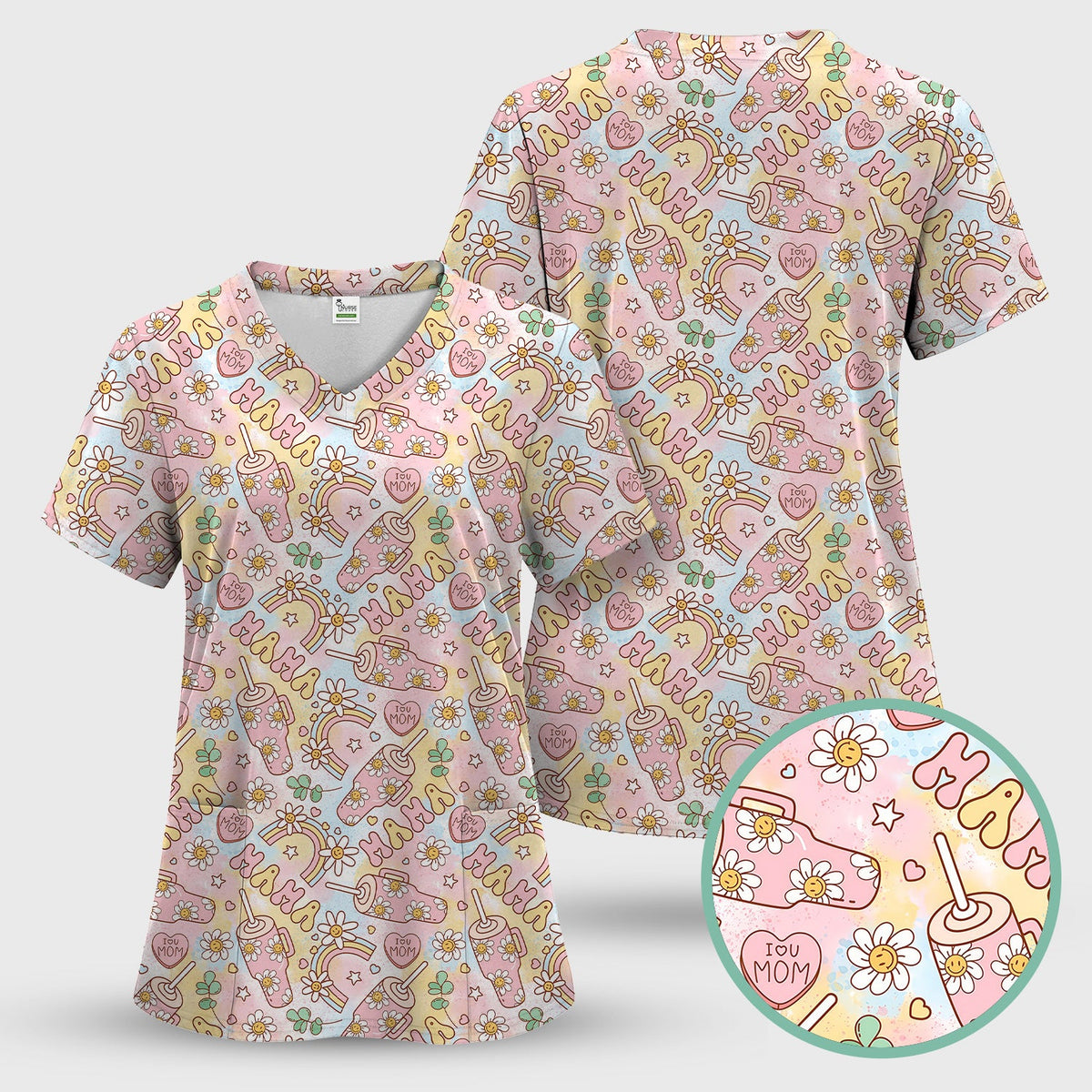Sweet Nurse Mama Daisy Rainbow Scrub Set