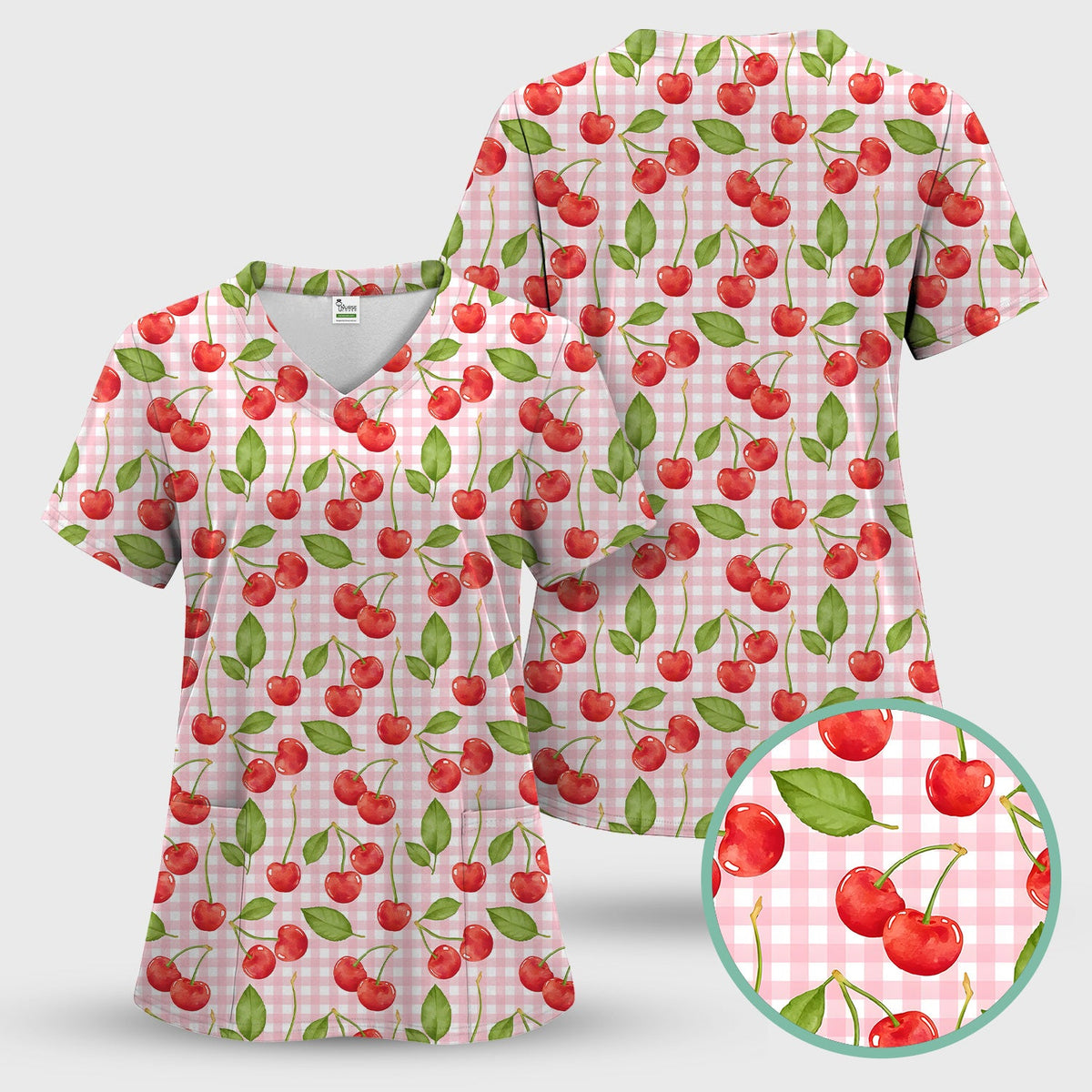 Sweet Red Cherry Gingham Pattern Scrub Top, Comfortable Scrubs for Nurses