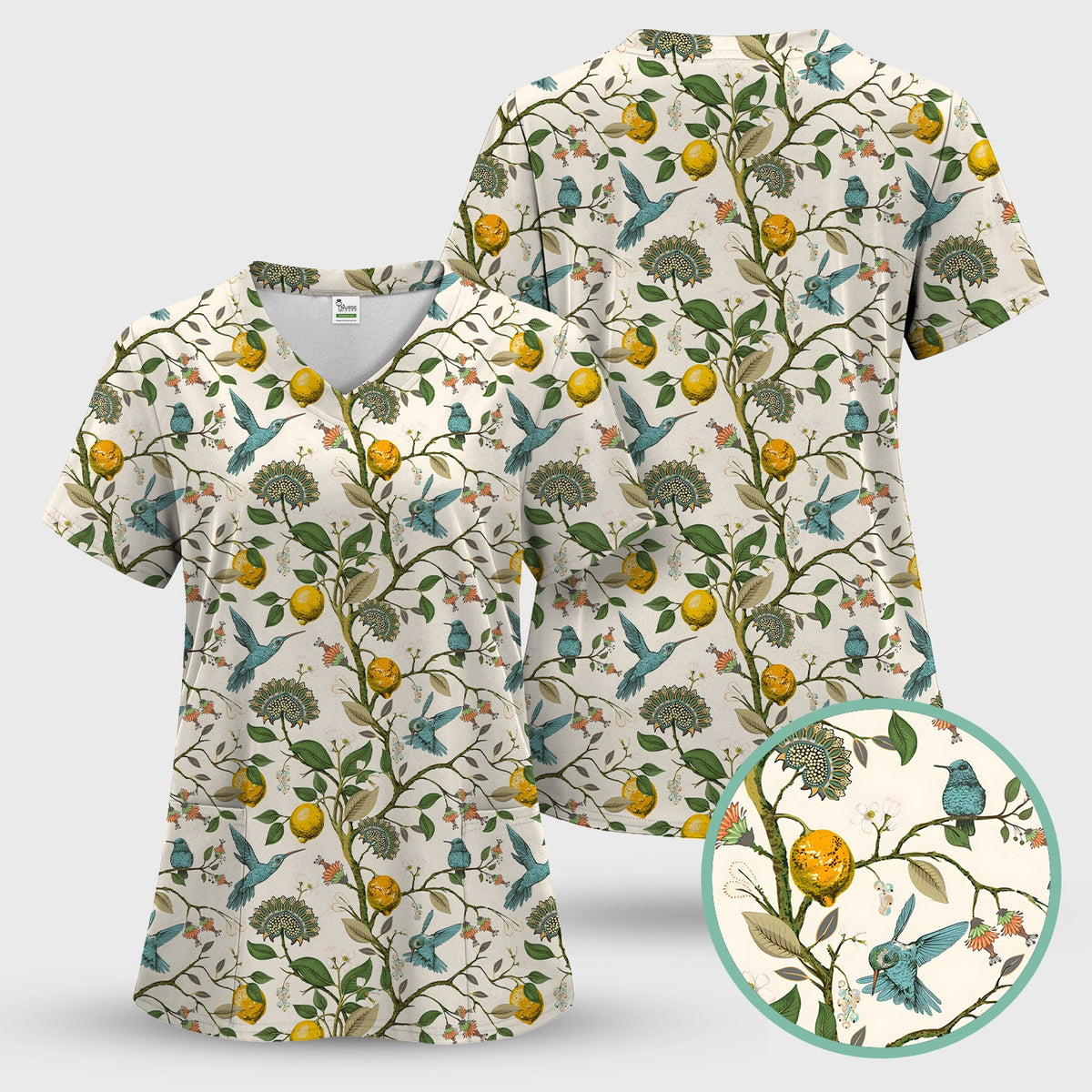 Hummingbird Lemon Floral Nurse Scrub Set