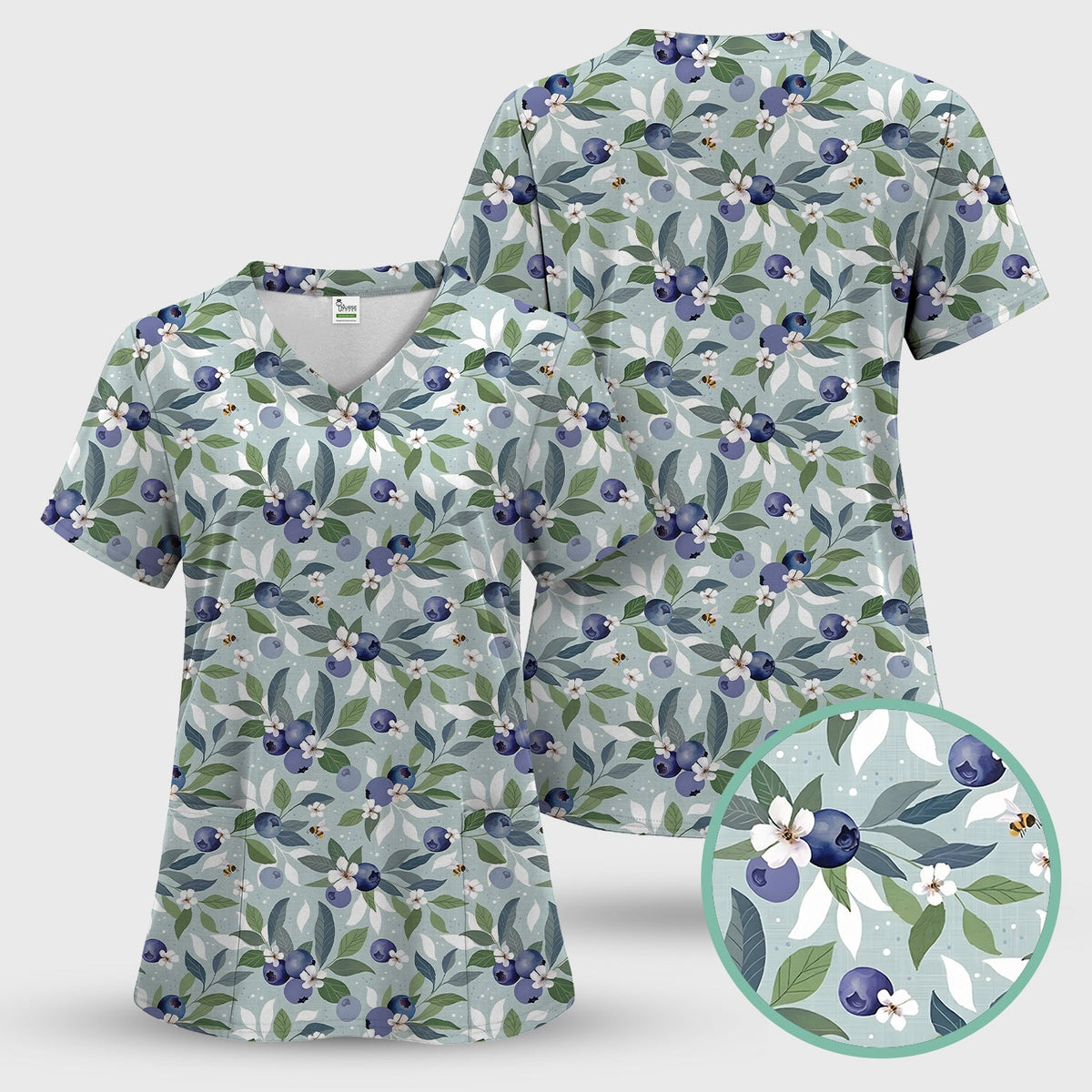 Fresh Blueberry Blossom Garden Nurse Scrub Top