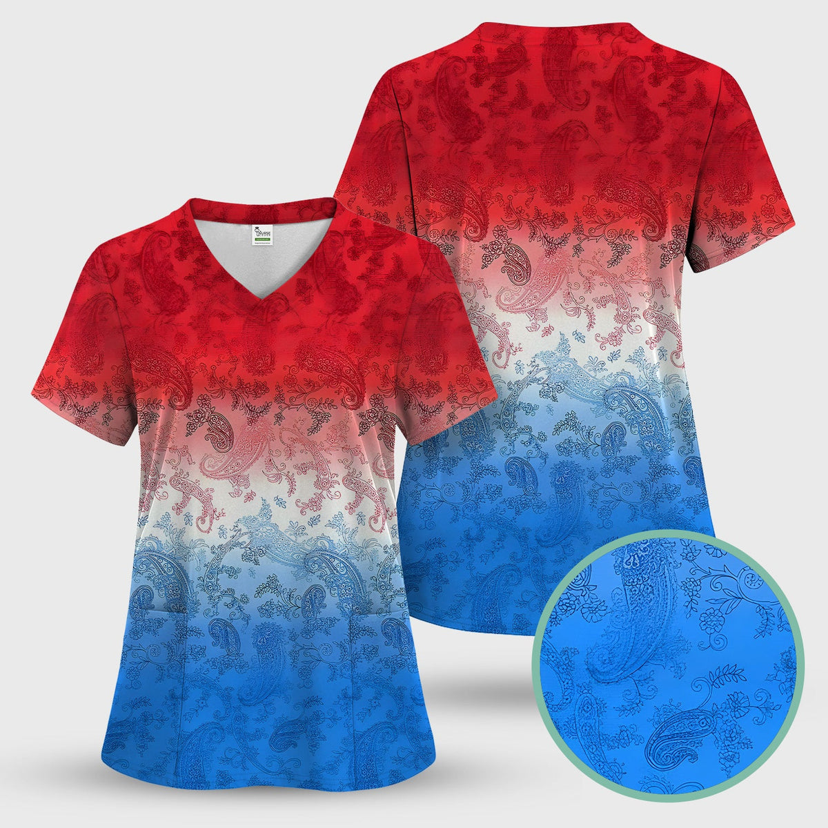 Red Blue Paisley Ombre Nurse Scrub Top