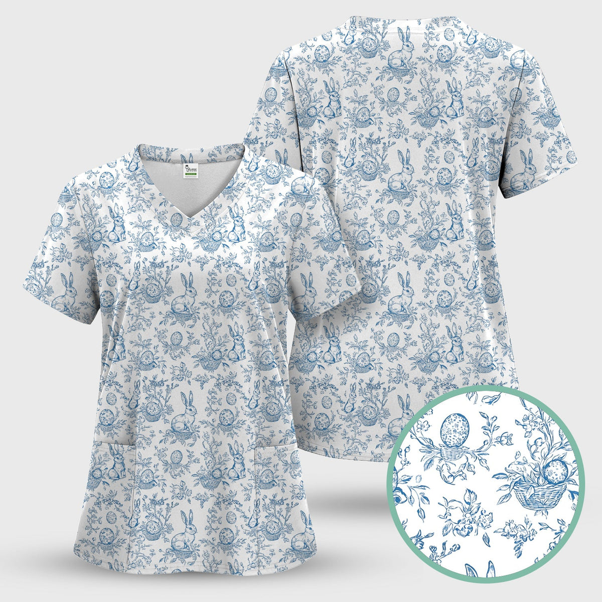 Bunny Floral Egg Toile Nurse Scrub Top - Easter Gift
