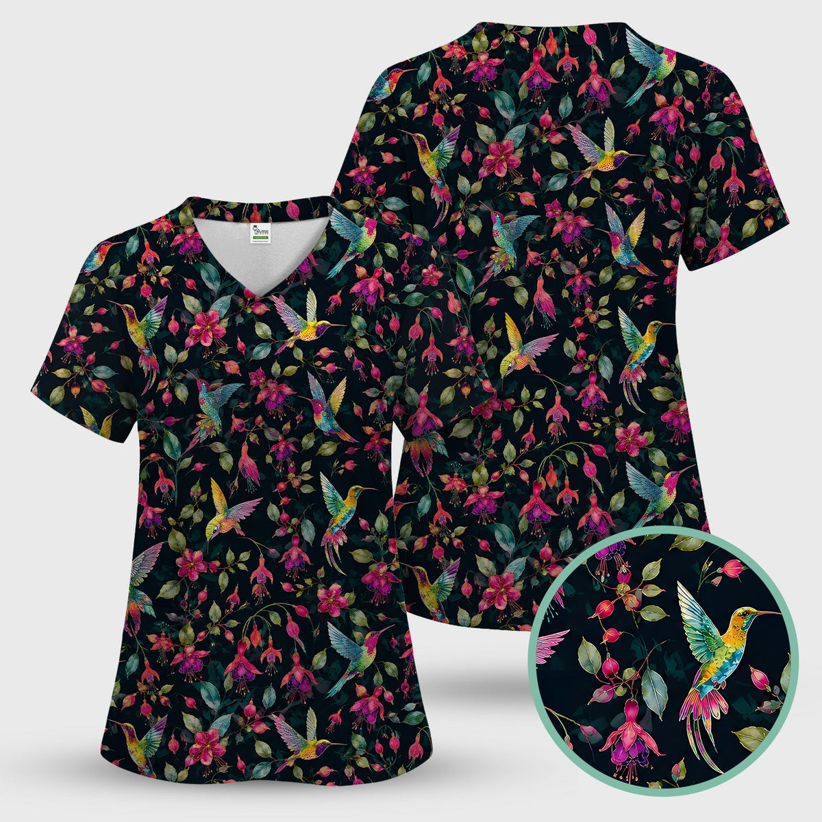 Hummingbird Fuchsia Bloom Nurse Scrub Top