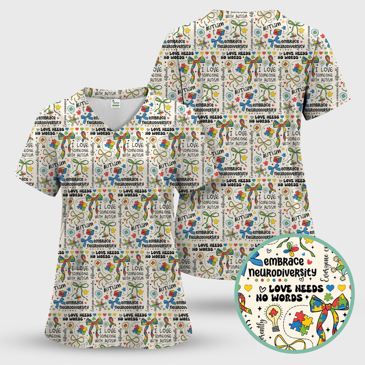 Autism Awareness Puzzle Ribbon Pastel Nurse Scrub Set