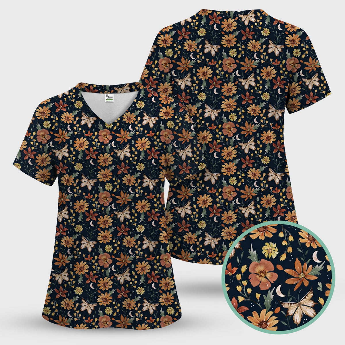 Charming Autumn Floral Butterfly Moon Pattern Scrub Set, Scrub Pants and V Neck Top
