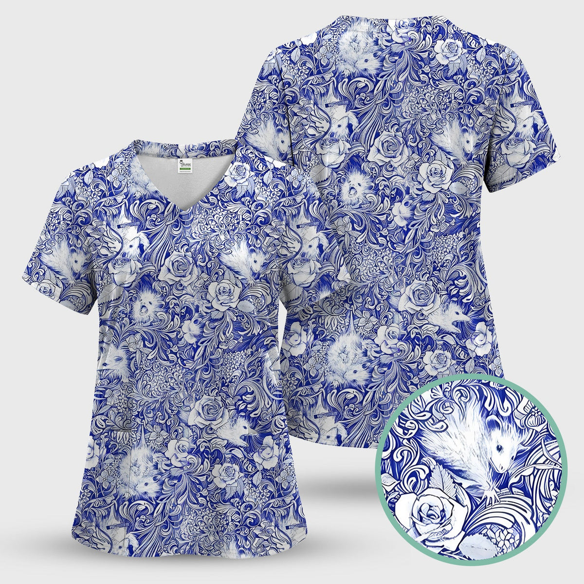 Blue Toile Porcupine Floral Nurse Scrub Set