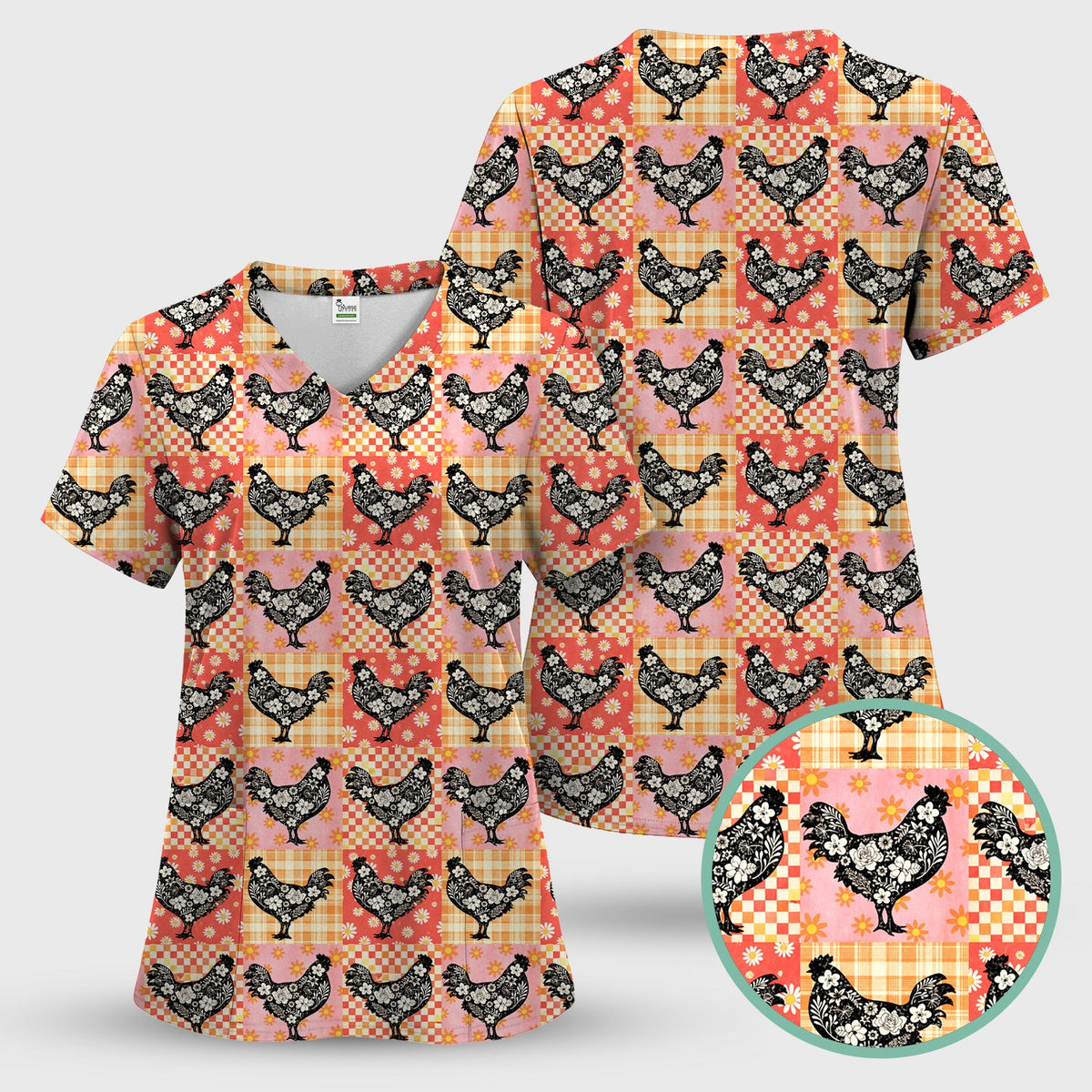 Floral Chicken Patchwork Nurse Scrub Top