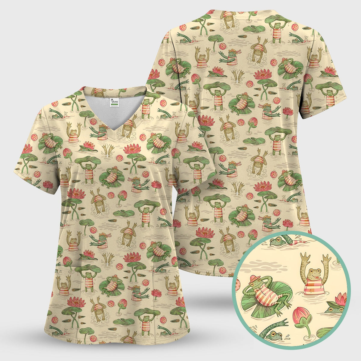 Frogs Swimming Lily Pond Nurse Scrub Top
