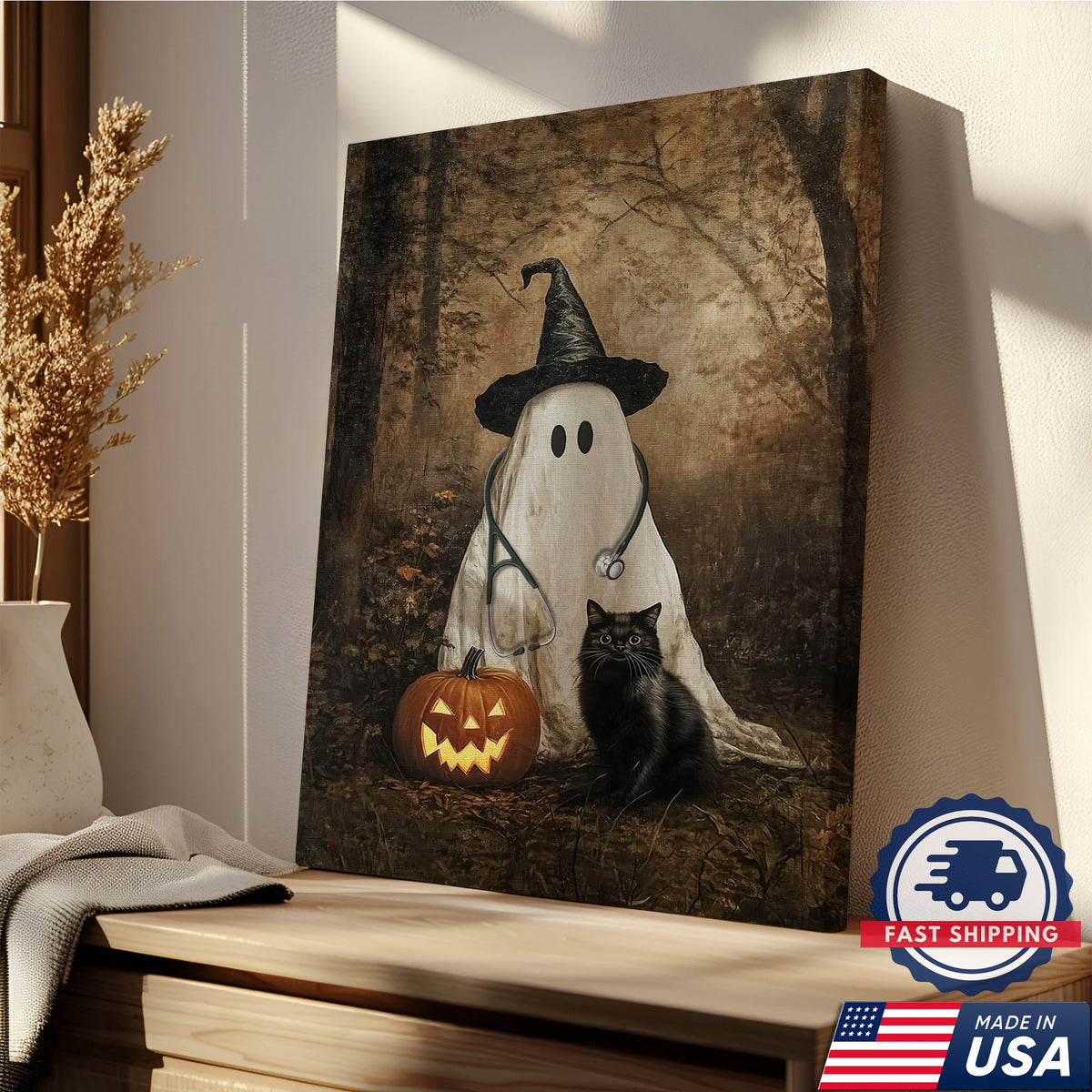 Ghost Pumpkin Black Cat Nurse Canvas - Halloween Gift