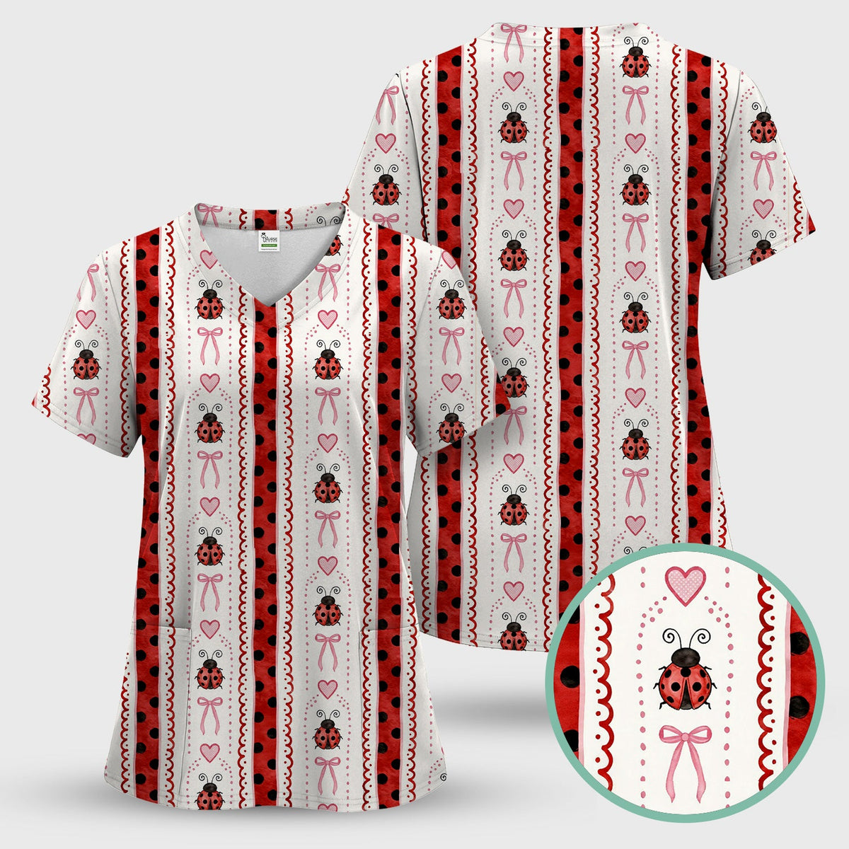Ladybug Heart Bow Stripe Nurse Scrub Set