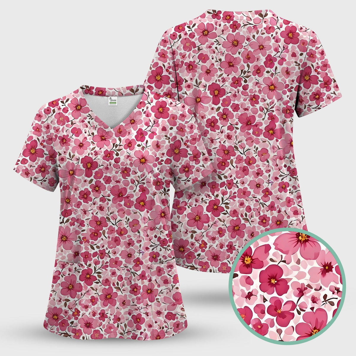 Pink Cherry Blossom Nurse Scrub Top