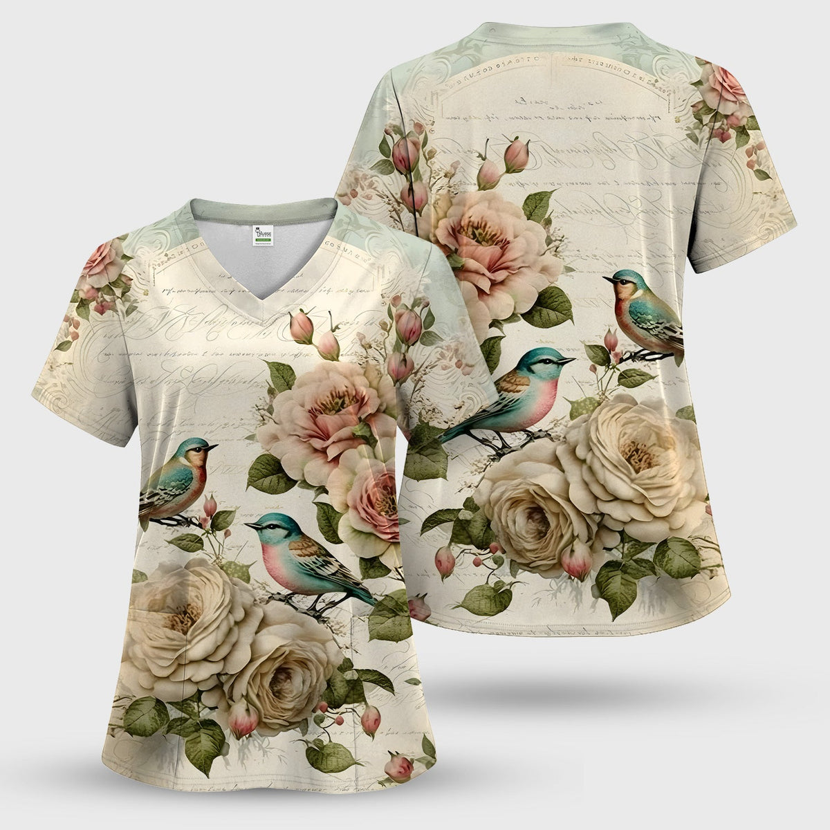 Vintage Birds Rose Nurse Scrub Top