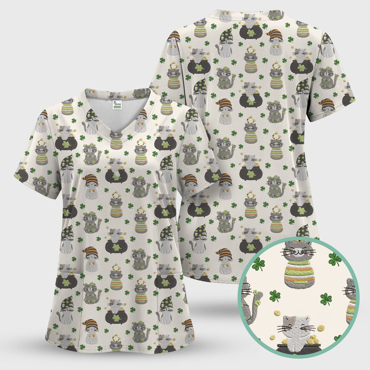 St Patrick Lucky Cat Shamrock Nurse Scrub Top
