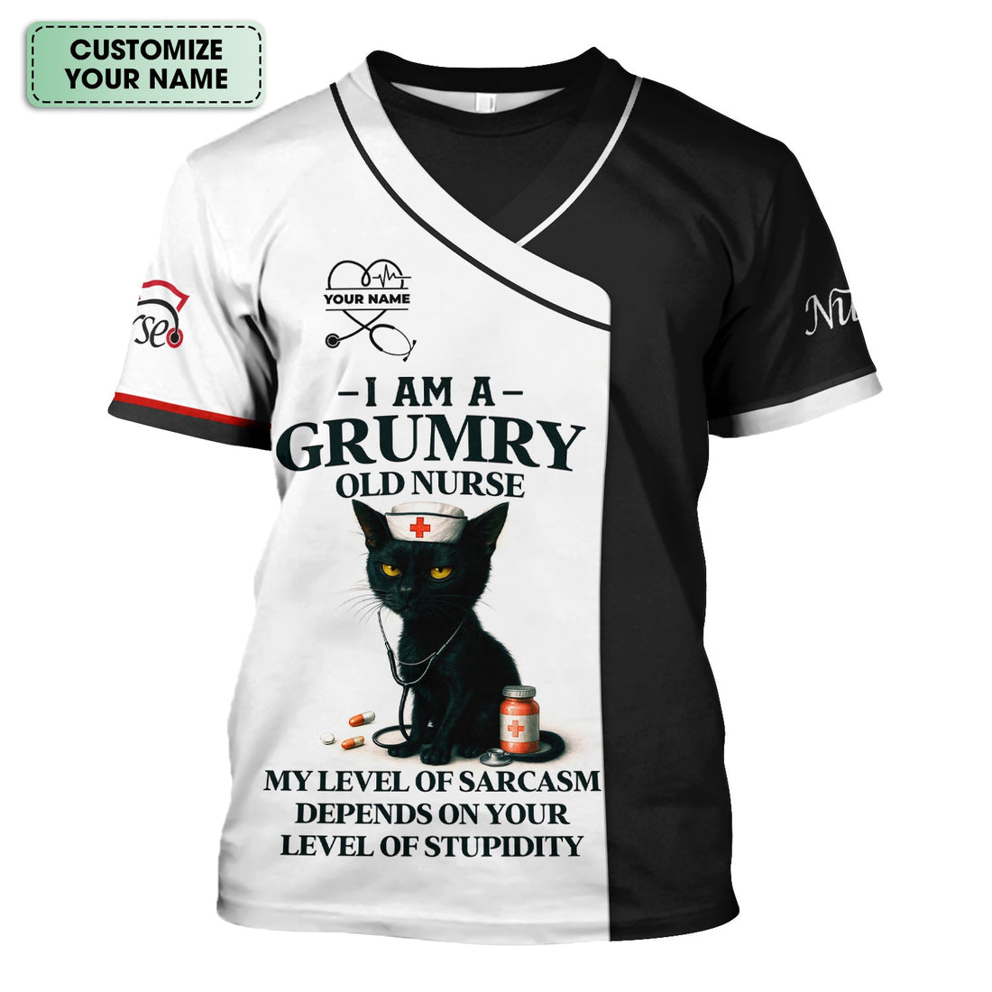 Personalized Grumpy Old Black Cat Nurse Scrub Top