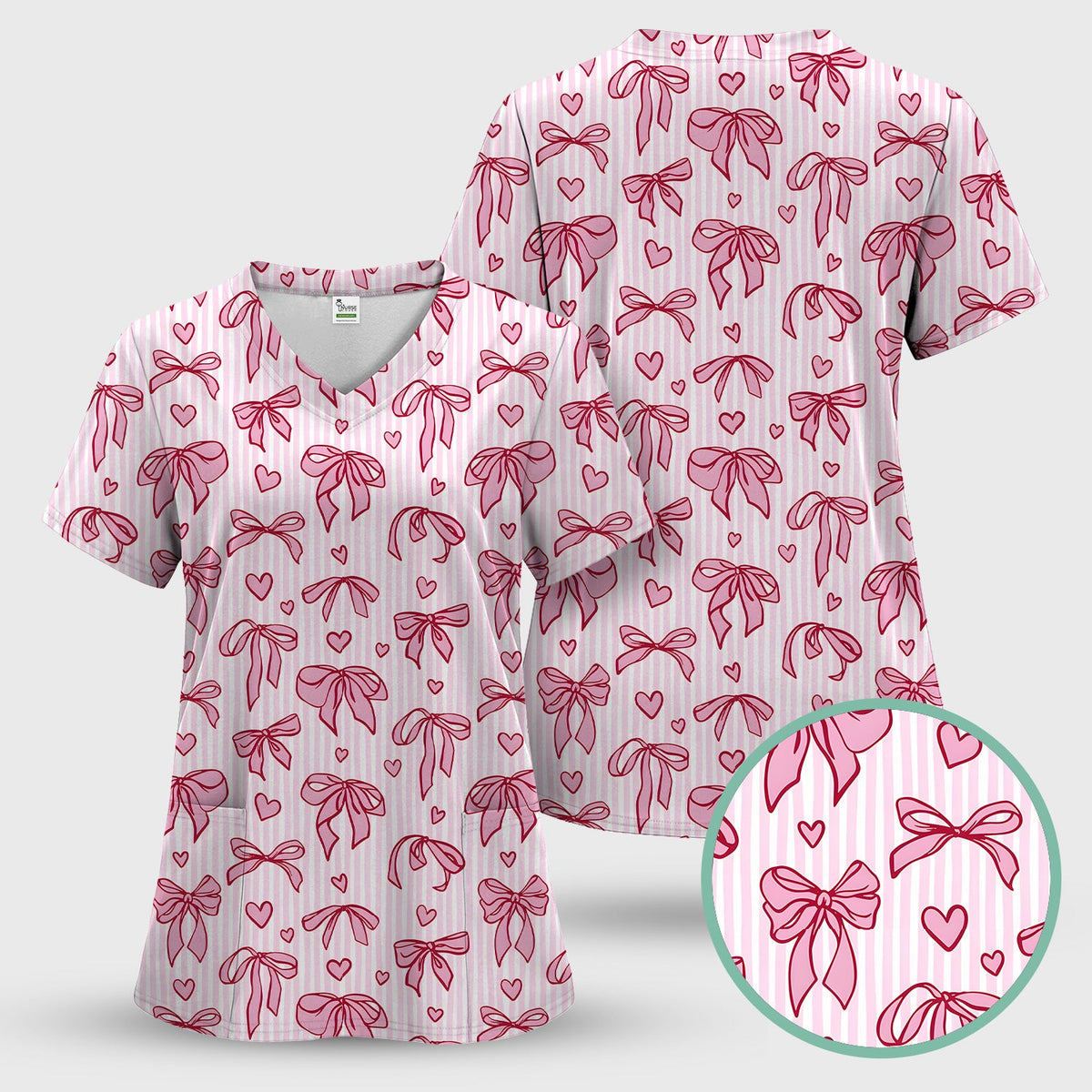Pink Bow Heart Stripe Nurse Scrub Top