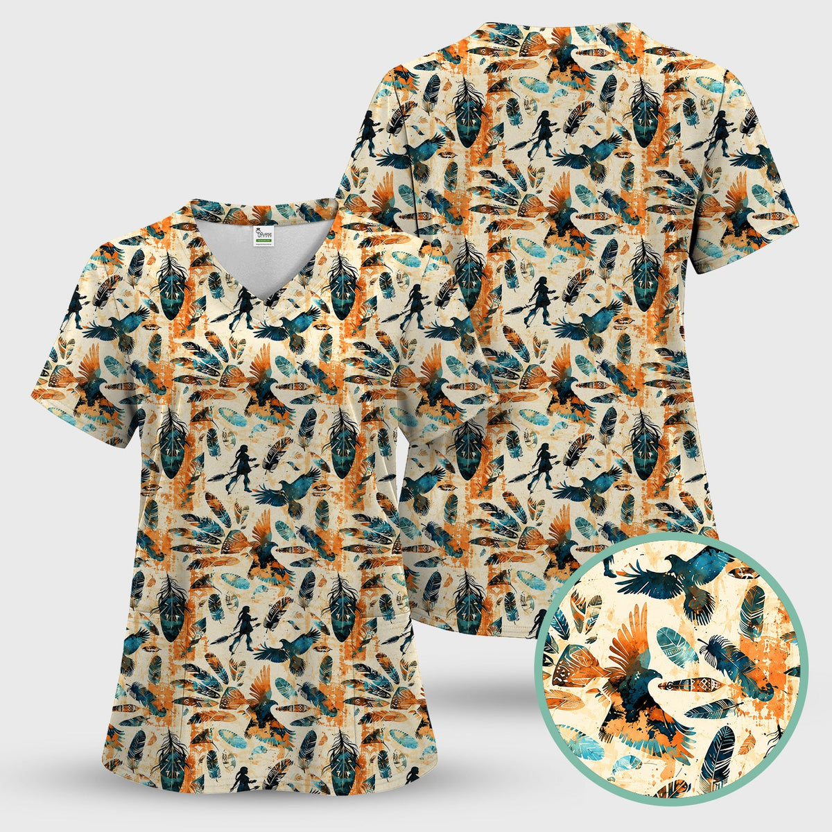 Feather Birds Tribal Nurse Scrub Top