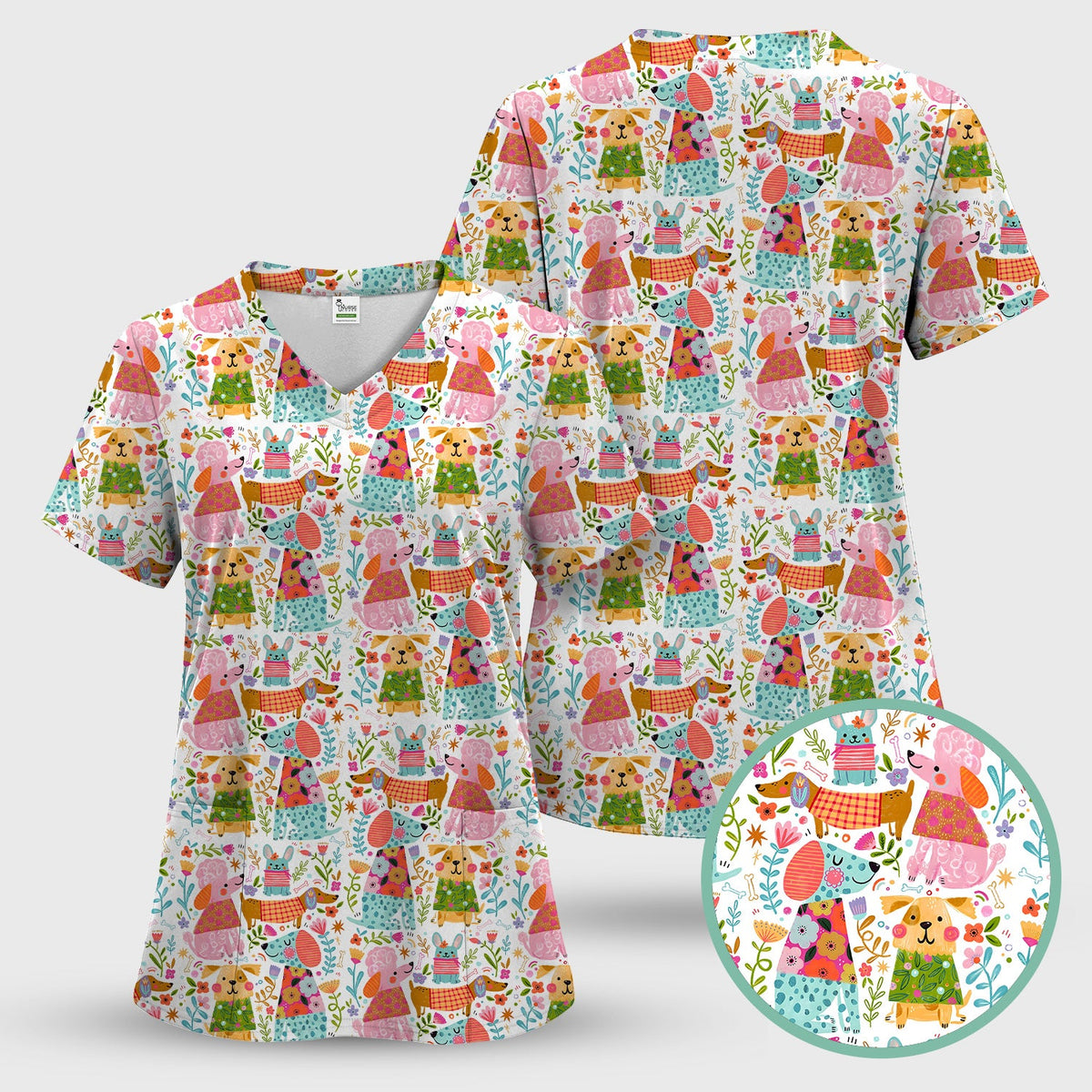 Colorful Dog Floral Nurse Scrub Top