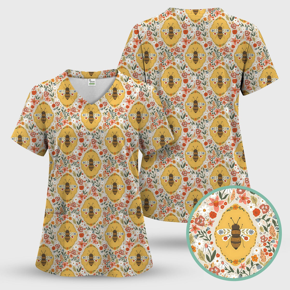 Vintage Honeybee Floral Garden Nurse Scrub Top